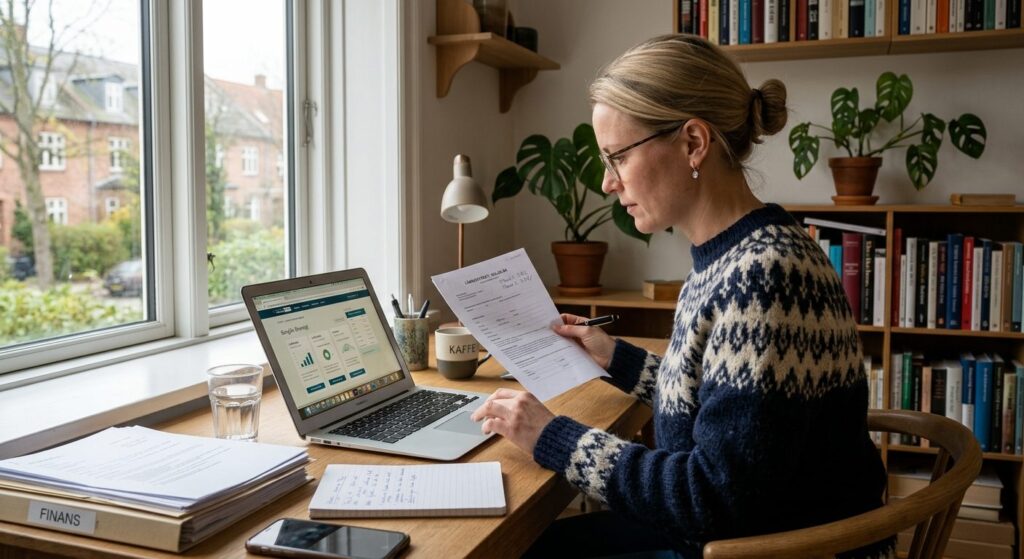Mand sammenligner forskellige låntilbud og dokumenter på sin bærbar computer