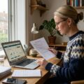 Mand sammenligner forskellige låntilbud og dokumenter på sin bærbar computer