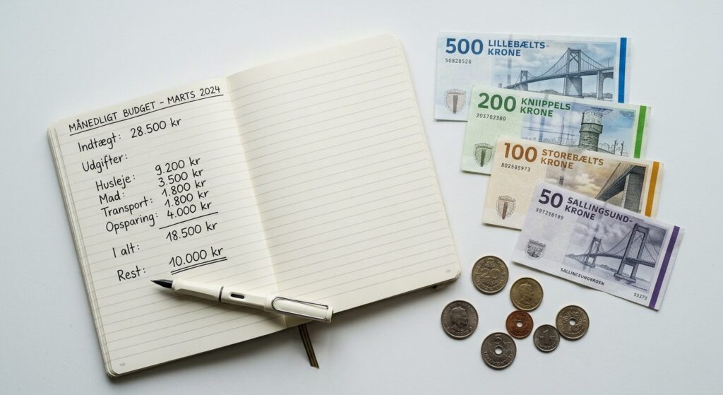 Dansk nødfond – kontanter og opsparingsplan på notesbog