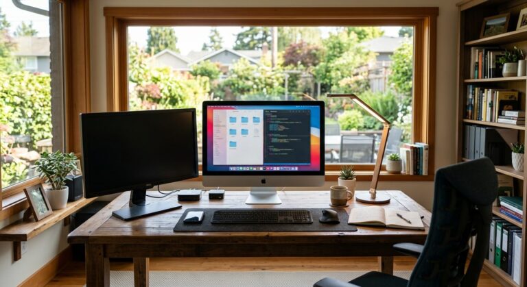 Hjemmekontor med computer, lampe og vinduer der viser dagslys og strømforbrug