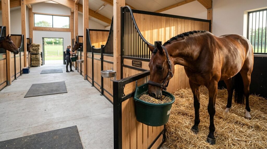 Wide angle photograph of a healthy Danish warmblood horse ea