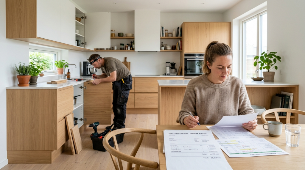 Wide shot of a modern Danish kitchen where a handyman is wor