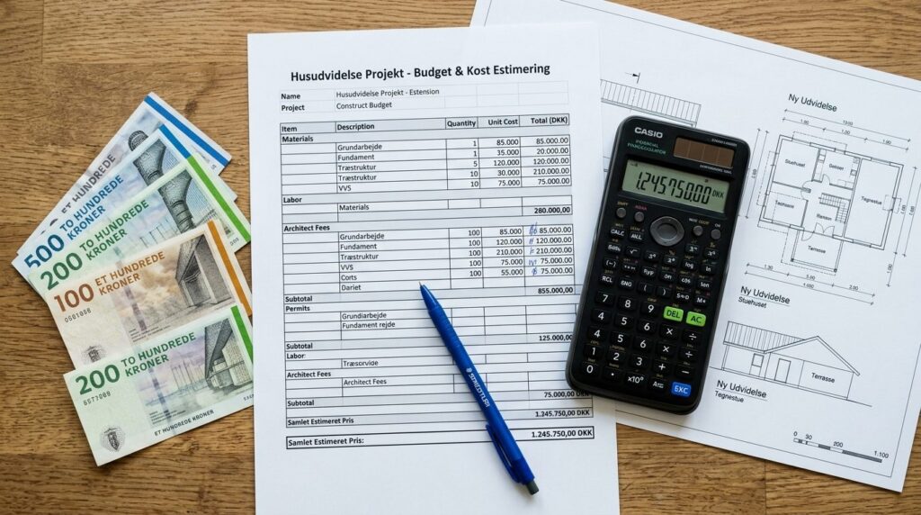 Close-up overhead shot of construction budget spreadsheet wi
