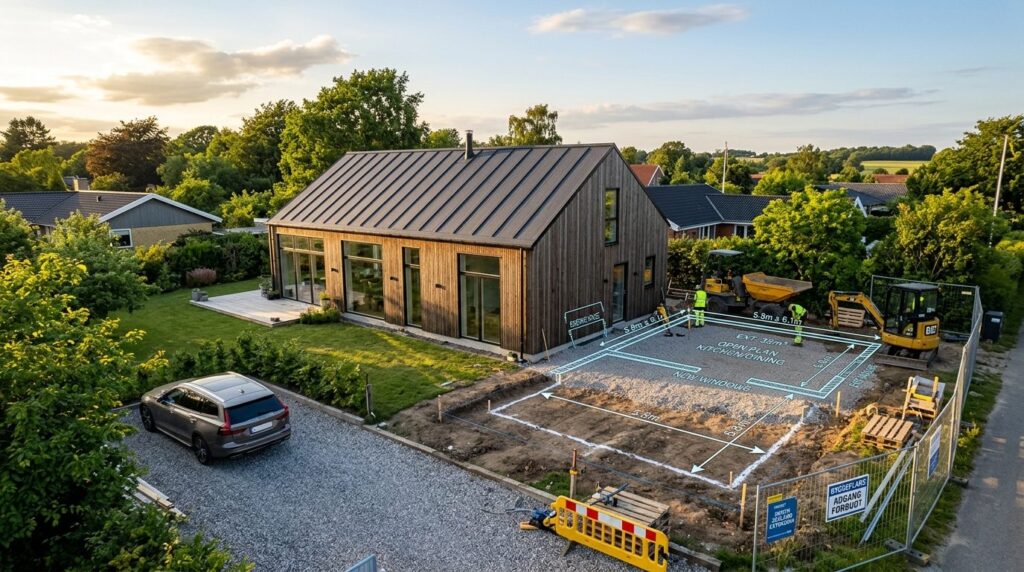 Wide angle photograph of a modern Scandinavian house exterio